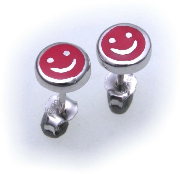 Ohrringe Stecker  lachendes Gesicht echt Silber 925 Sterlingsilber massiv rot