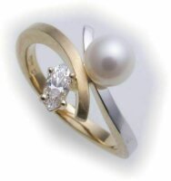 Damen Ring Zirkonia echt Gold 585 Perle 6,5 mm Bicolor...