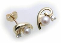 Damen Ohrringe Stecker echt Gold 585 Perlen 5 mm Zirkonia...