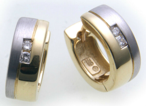 Damen Ohrringe Klapp Creolen Brillant 0,06 ct 585 Bicolor Diamant Gelbgold