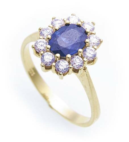 Damen Ring echt Safir 7 x 5 echt Gold 585 mit Zirkonia Gelbgold Saphir 14 karat