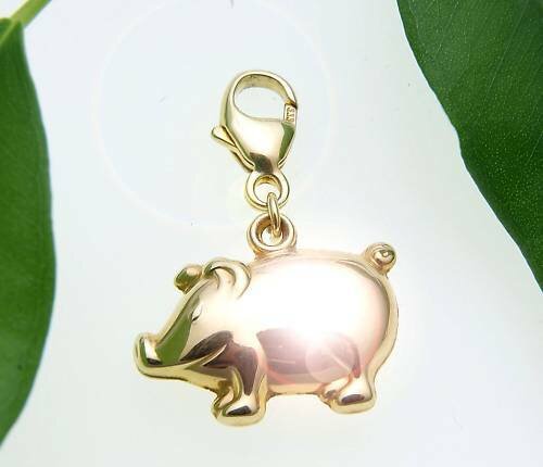 Anhänger Einhänger Schwein 3D Glanz 333 Gold Gelbgold Karabiner Charm Qualität