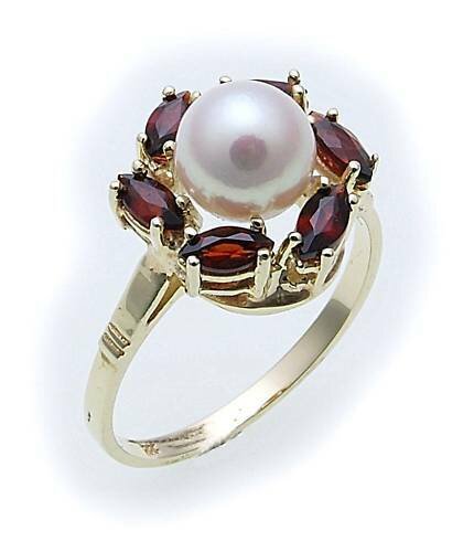 Damen Ring m. Granat u. Perlen in Gold 585 Gelbgold Granatring 8525/5GR.ZP
