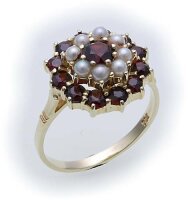 Damen Ring m. Granat u. Perlen in Gold 585 Gelbgold...