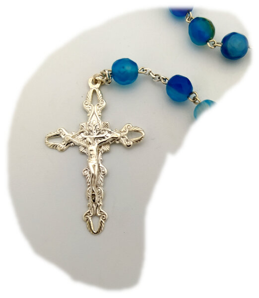 Halskette Rosenkranz Kreuz Jesus Silber 925 Sterlingsilber Achat Blau Kugel
